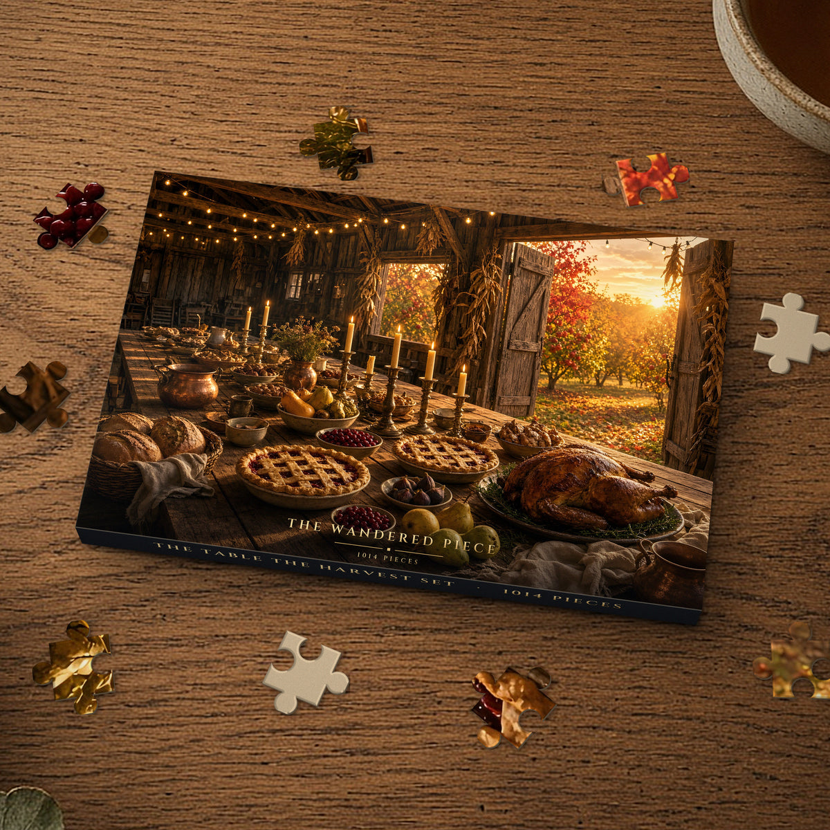 The Table the Harvest Set 1014 piece puzzle box on a wood table with loose pieces, box design shown for illustration