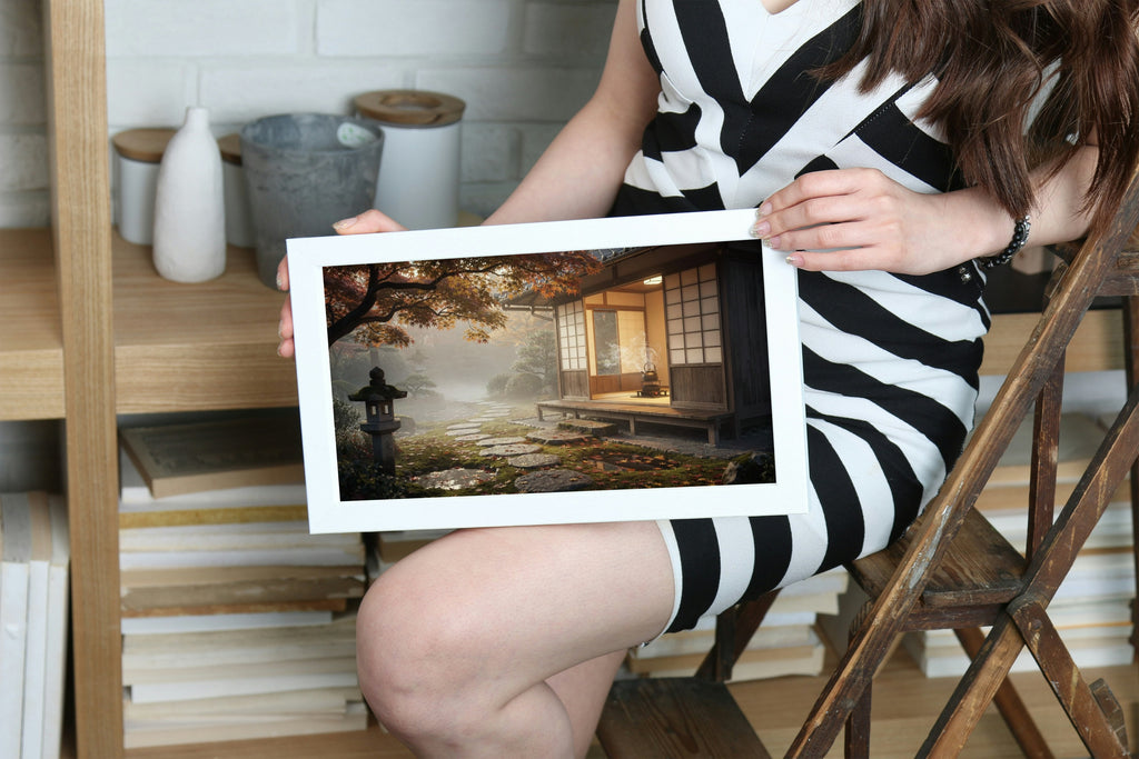 The Tea House in Autumn Fog 1014 piece puzzle shown framed after completion