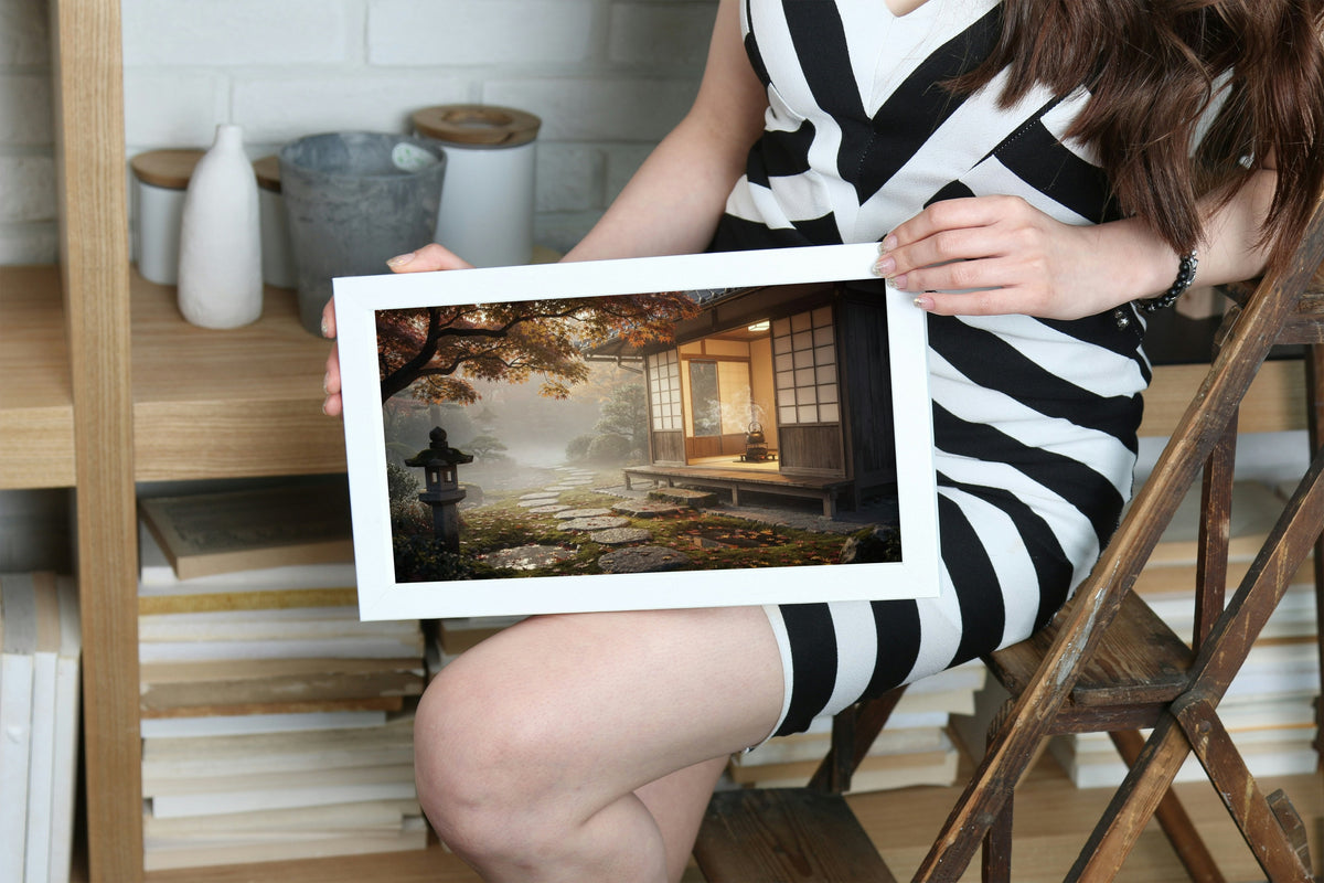 The Tea House in Autumn Fog 1014 piece puzzle shown framed after completion