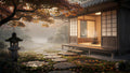 A traditional Japanese tea house glowing through autumn fog with crimson maples and still pond — art puzzle by The Wandered Piece