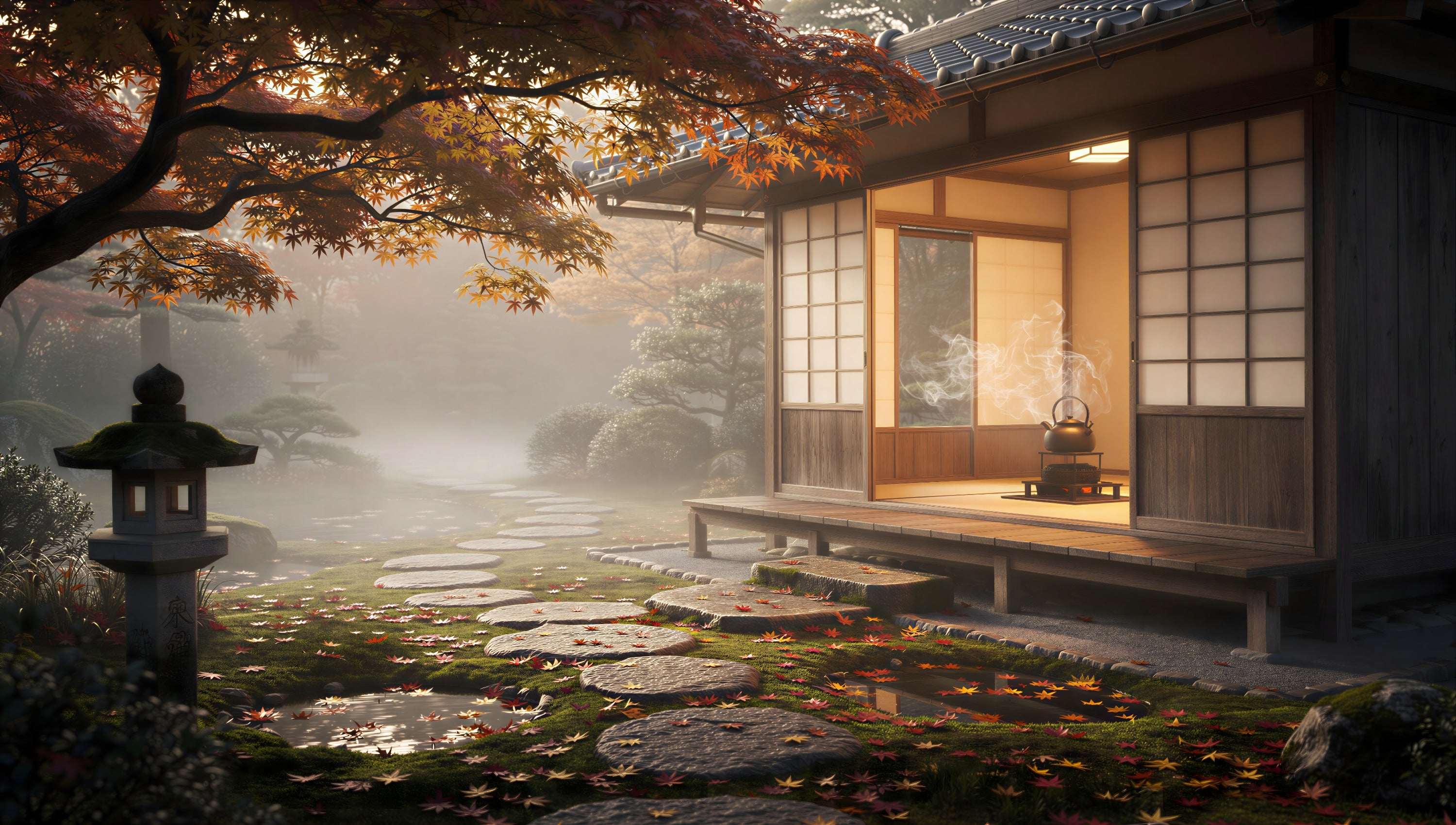 A traditional Japanese tea house glowing through autumn fog with crimson maples and still pond — art puzzle by The Wandered Piece