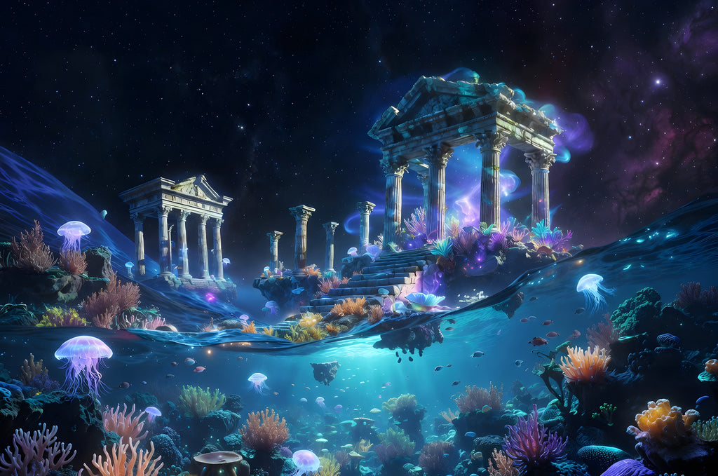 The Temple Beneath the Tide art puzzle: ancient marble temple ruins on rocks at the waterline under a starry violet sky, glowing jellyfish, coral and fish in the sea below