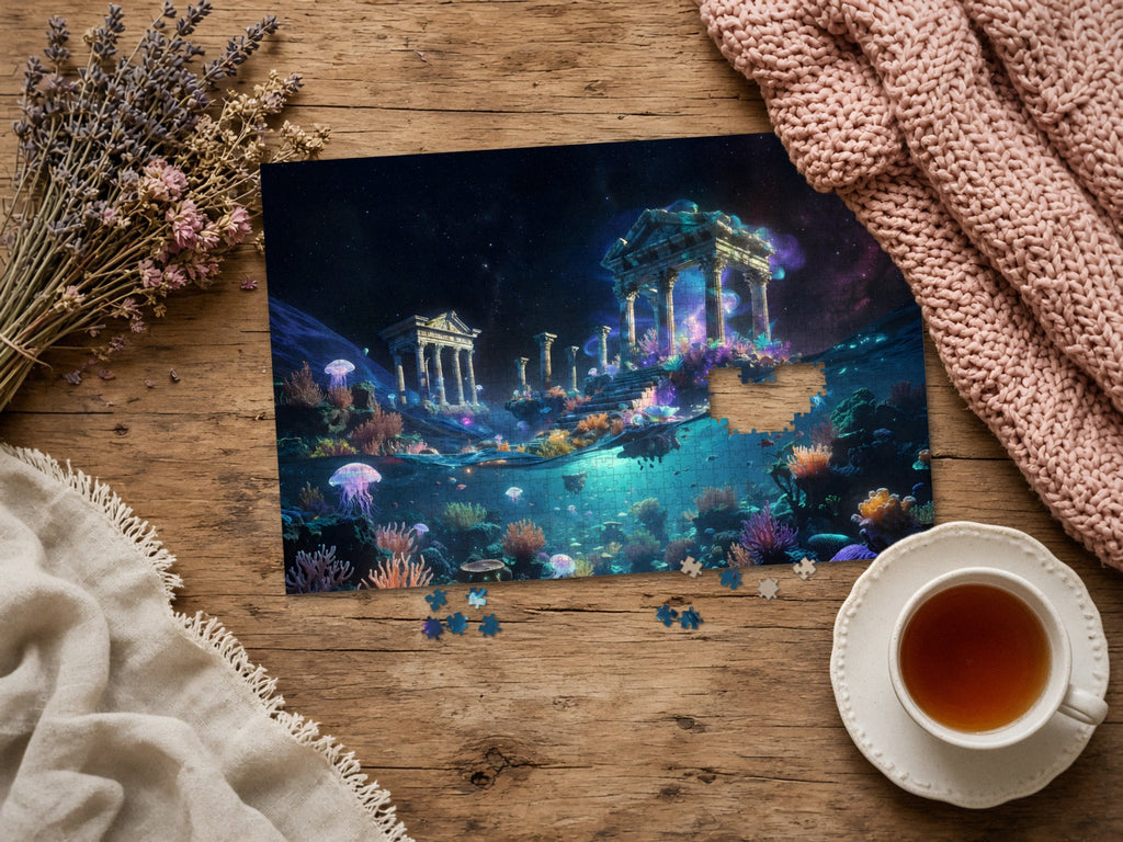 The Temple Beneath the Tide 1014 piece puzzle assembled on a rustic wood table with dried lavender, a pink knit blanket, a linen throw and a cup of tea, a few loose pieces nearby