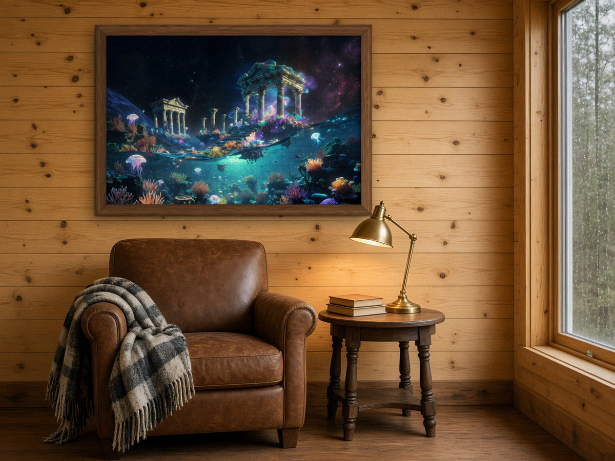 The Temple Beneath the Tide 1014 piece puzzle assembled and framed on a knotty pine wall above a leather armchair with a plaid throw and a brass reading lamp