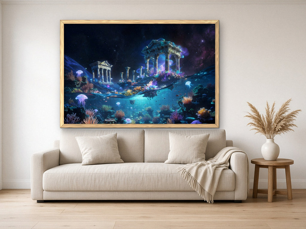 The Temple Beneath the Tide 1014 piece puzzle assembled, framed in light wood and hung above a cream sofa, with pampas grass on a side table