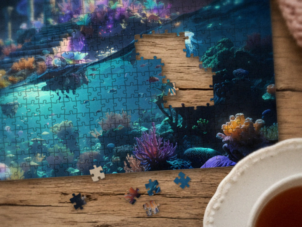Close-up of the The Temple Beneath the Tide puzzle on a wood table showing the glowing coral and water, a few pieces still missing, next to a teacup