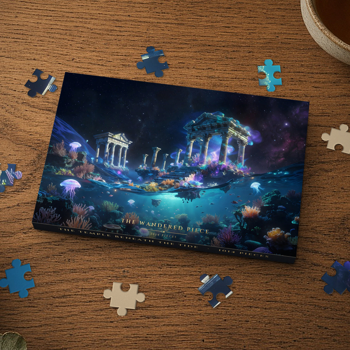 The Temple Beneath the Tide 1014 piece puzzle box on a wood table with loose pieces, box design shown for illustration