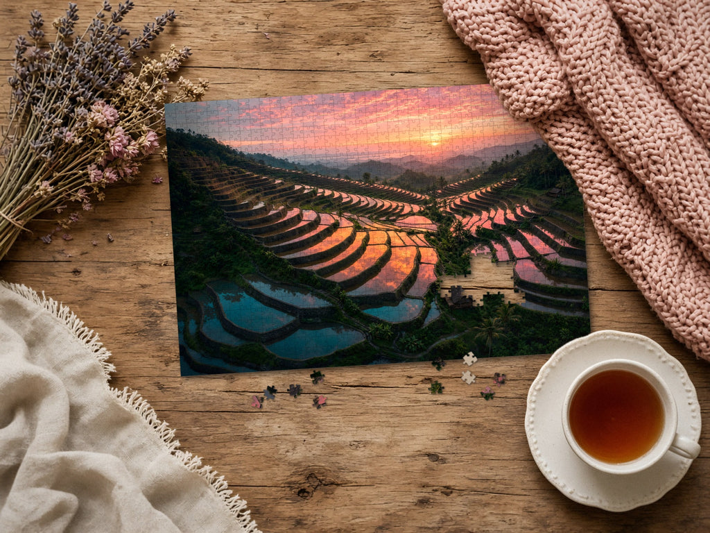 The Terraces That Hold the Sunset 1014 piece puzzle assembled on a rustic wood table with dried lavender, a pink knit blanket, a linen throw and a cup of tea, a few loose pieces nearby