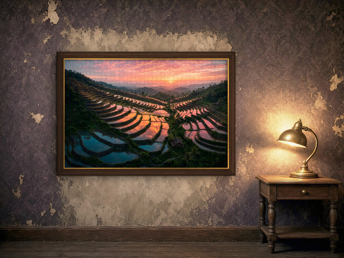 The Terraces That Hold the Sunset 1014 piece puzzle assembled, framed in dark wood on a worn plaster wall lit by a brass lamp