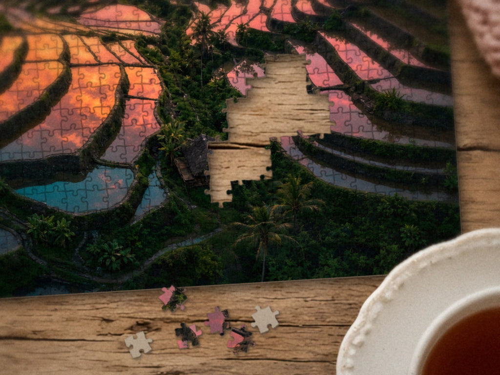 Close-up of the The Terraces That Hold the Sunset puzzle on a wood table showing the glowing terrace pools and the thatched hut in the palms, a few pieces still missing, next to a teacup