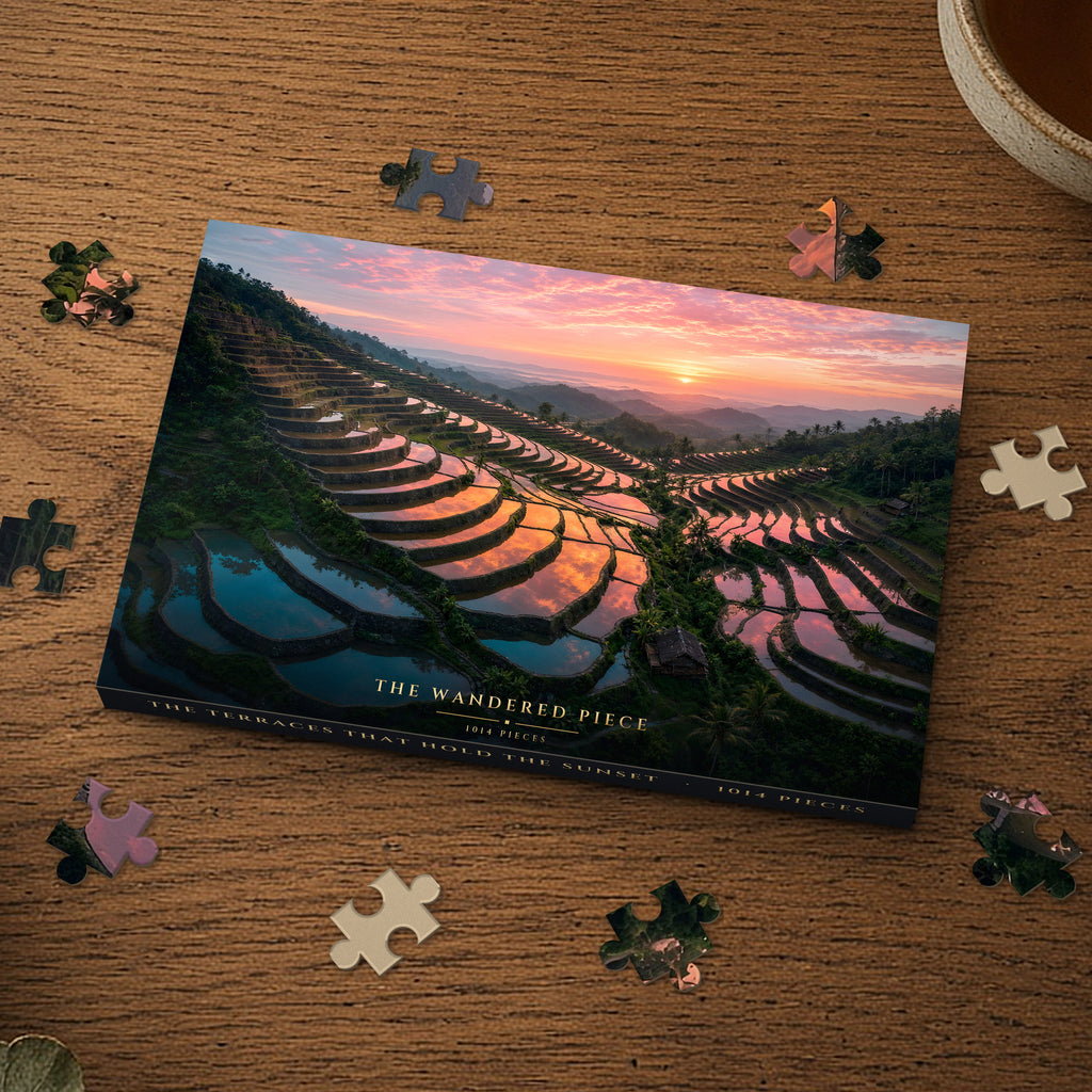 The Terraces That Hold the Sunset 1014 piece puzzle box on a wood table with loose pieces, box design shown for illustration