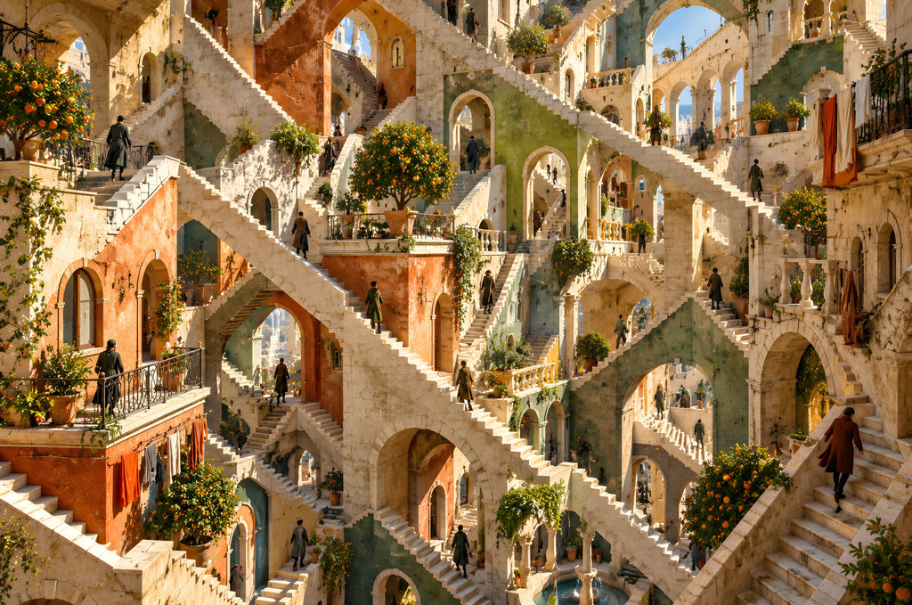 The Town Where Every Stair Goes Up art puzzle: a sunlit hillside town of impossible staircases and arches that loop into each other, orange trees on the terraces and robed walkers climbing in every direction