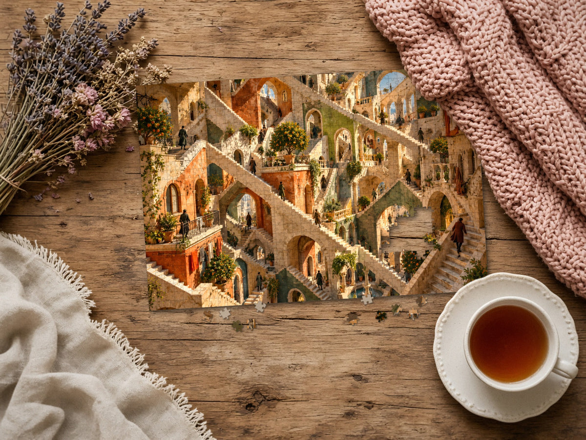 The Town Where Every Stair Goes Up 1014 piece puzzle assembled on a rustic wood table with dried lavender, a pink knit blanket, a linen throw and a cup of tea, a few loose pieces nearby