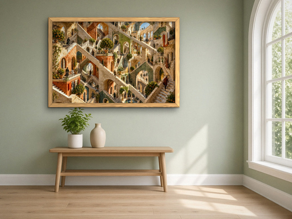The Town Where Every Stair Goes Up 1014 piece puzzle assembled, framed in light wood on a sage green wall above a wooden bench, next to a tall arched window