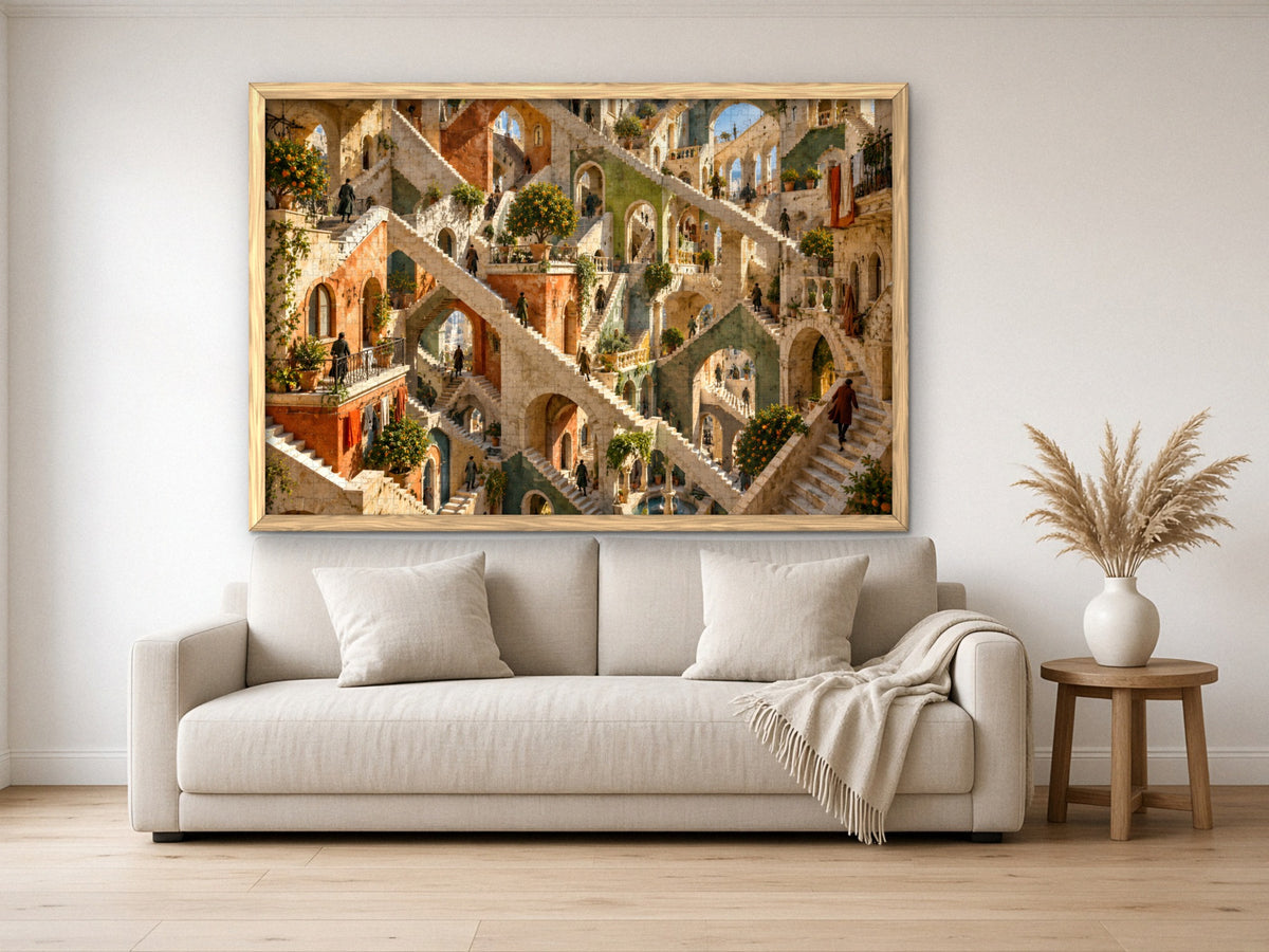 The Town Where Every Stair Goes Up 1014 piece puzzle assembled, framed in light wood and hung above a cream sofa, with pampas grass on a side table