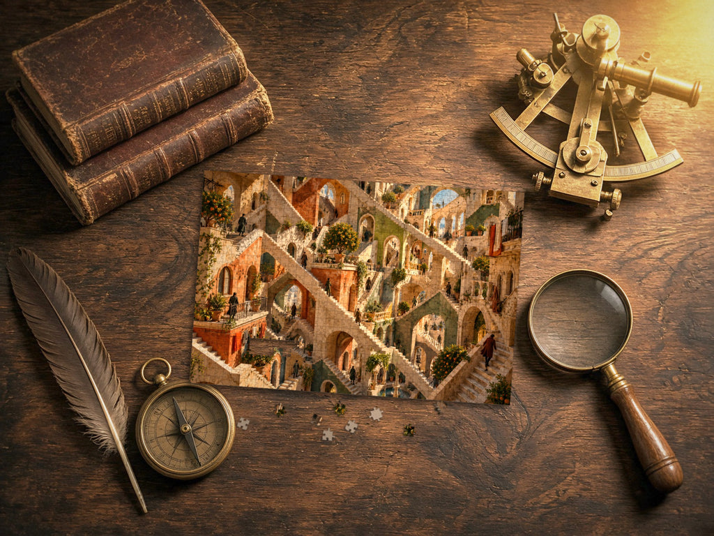 The Town Where Every Stair Goes Up 1014 piece puzzle laid on a dark wood desk with old leather books, a brass sextant, a compass, a quill and a magnifying glass