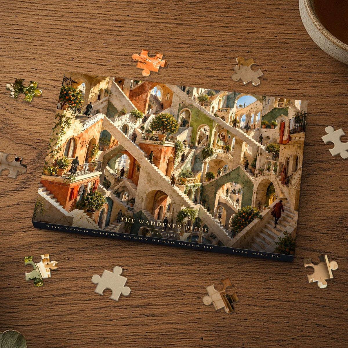 The Town Where Every Stair Goes Up 1014 piece puzzle box on a wood table with loose pieces, box design shown for illustration
