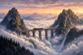 The Train That Crosses the Clouds art puzzle: a steam train crossing a tall stone viaduct between granite peaks above a sea of clouds at sunset, waterfalls spilling into the mist and pines in the foreground