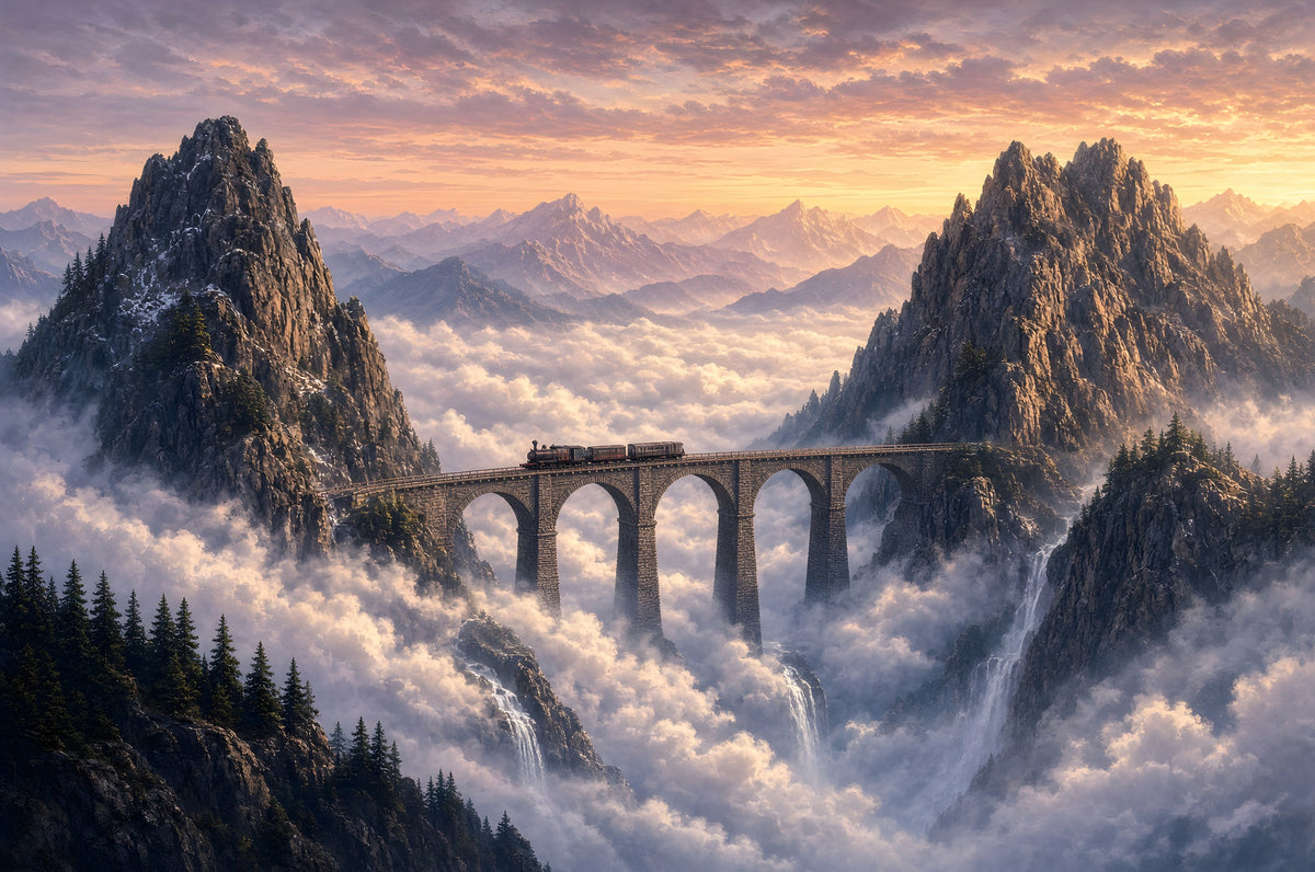 The Train That Crosses the Clouds art puzzle: a steam train crossing a tall stone viaduct between granite peaks above a sea of clouds at sunset, waterfalls spilling into the mist and pines in the foreground