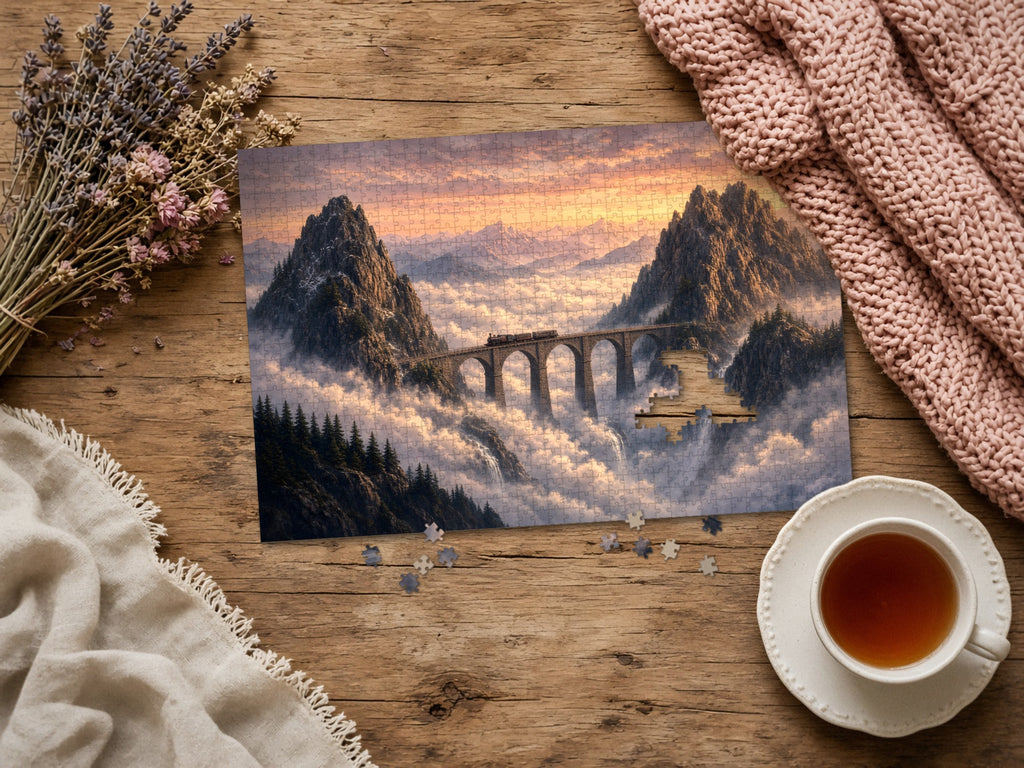 The Train That Crosses the Clouds 1014 piece puzzle assembled on a rustic wood table with dried lavender, a pink knit blanket, a linen throw and a cup of tea, a few loose pieces nearby