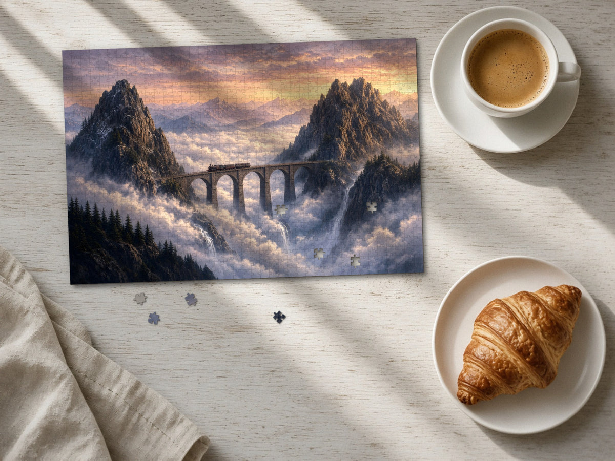 The Train That Crosses the Clouds 1014 piece puzzle laid flat on a pale wood table in morning sun beside a cappuccino and a croissant