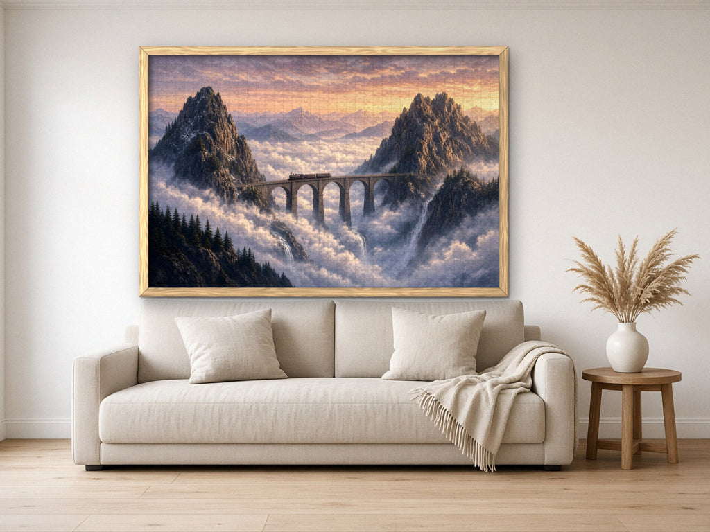 The Train That Crosses the Clouds 1014 piece puzzle assembled, framed in light wood and hung above a cream sofa, with pampas grass on a side table