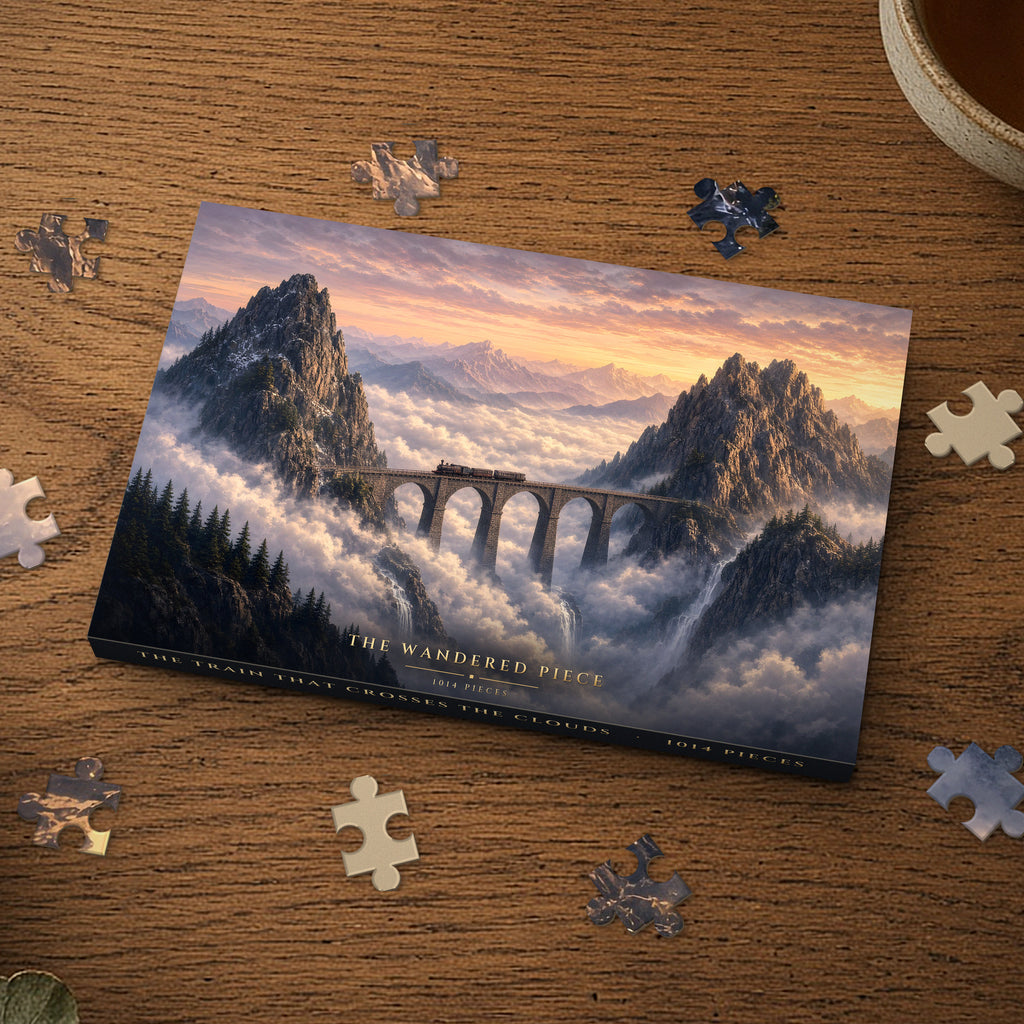 The Train That Crosses the Clouds 1014 piece puzzle box on a wood table with loose pieces, box design shown for illustration