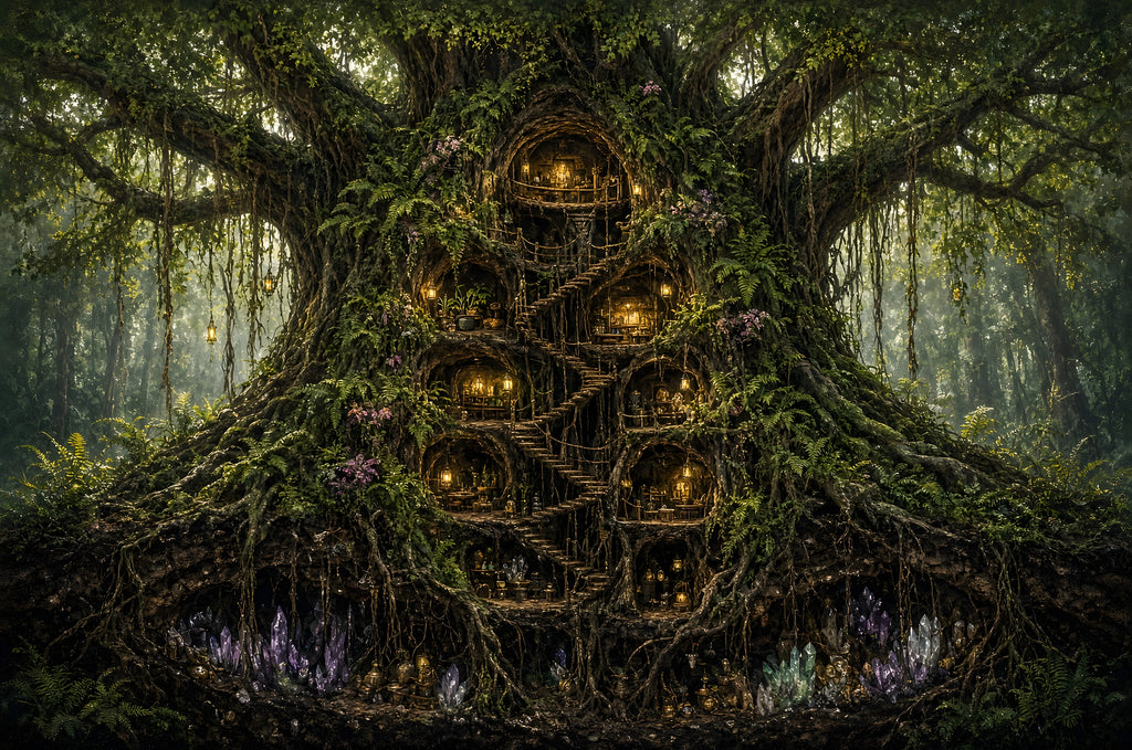 The Tree Where the Lanterns Live art puzzle: an ancient mossy tree in a misty forest with lantern-lit windows, doors and winding stairs built into its trunk and roots, purple crystals glowing at its base