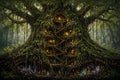 The Tree Where the Lanterns Live art puzzle: an ancient mossy tree in a misty forest with lantern-lit windows, doors and winding stairs built into its trunk and roots, purple crystals glowing at its base