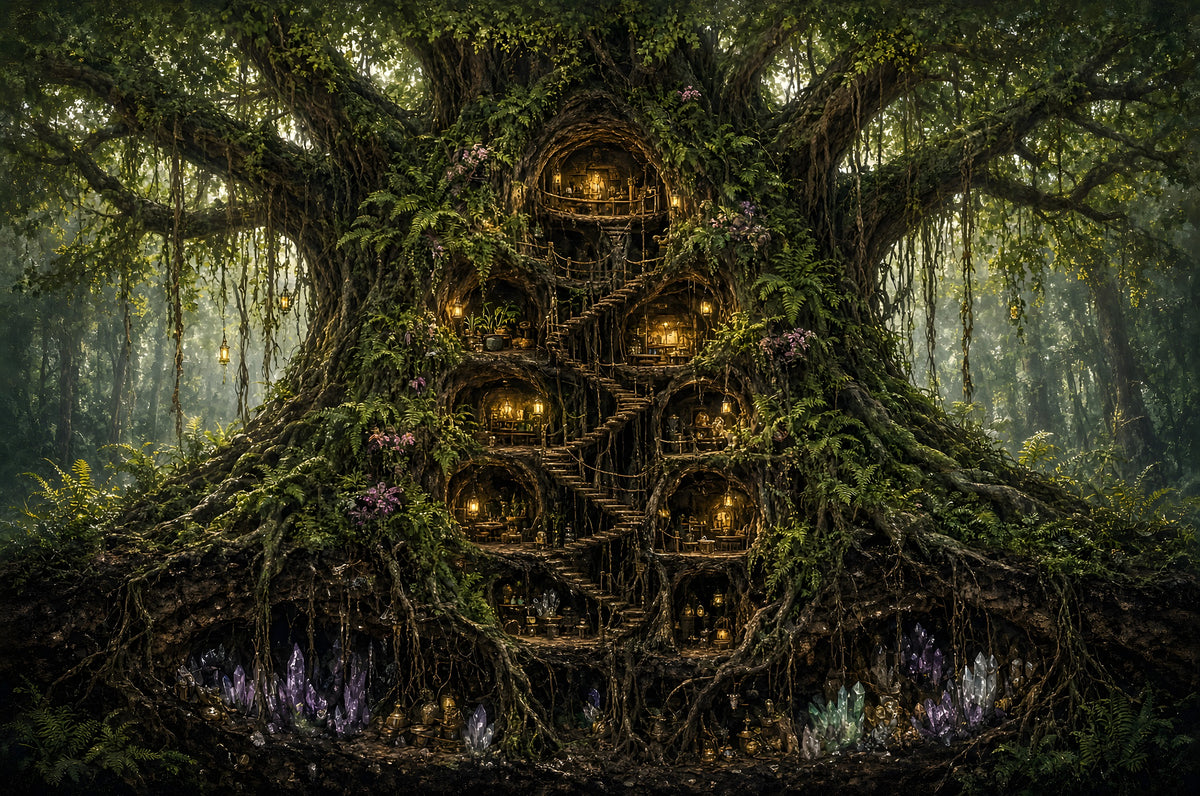 The Tree Where the Lanterns Live art puzzle: an ancient mossy tree in a misty forest with lantern-lit windows, doors and winding stairs built into its trunk and roots, purple crystals glowing at its base