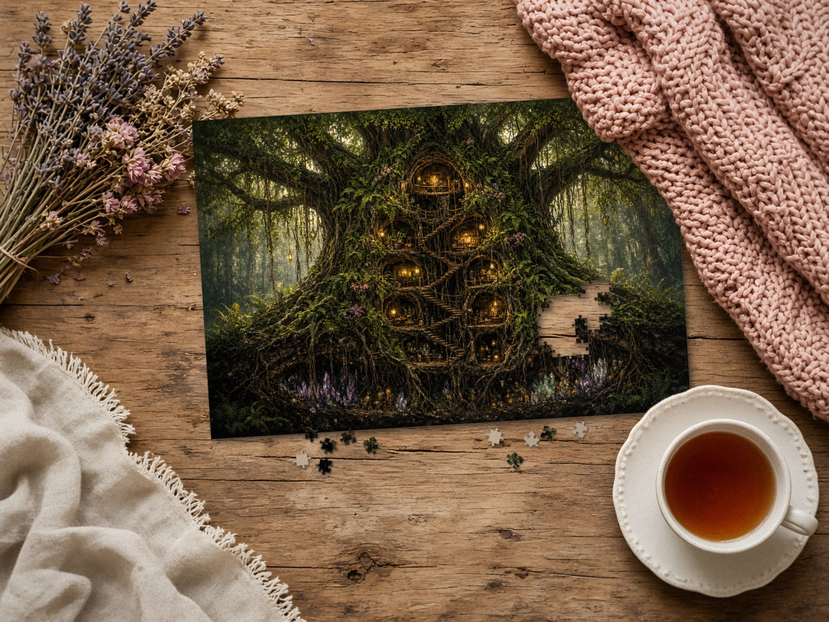 The Tree Where the Lanterns Live 1014 piece puzzle assembled on a rustic wood table with dried lavender, a pink knit blanket, a linen throw and a cup of tea, a few loose pieces nearby