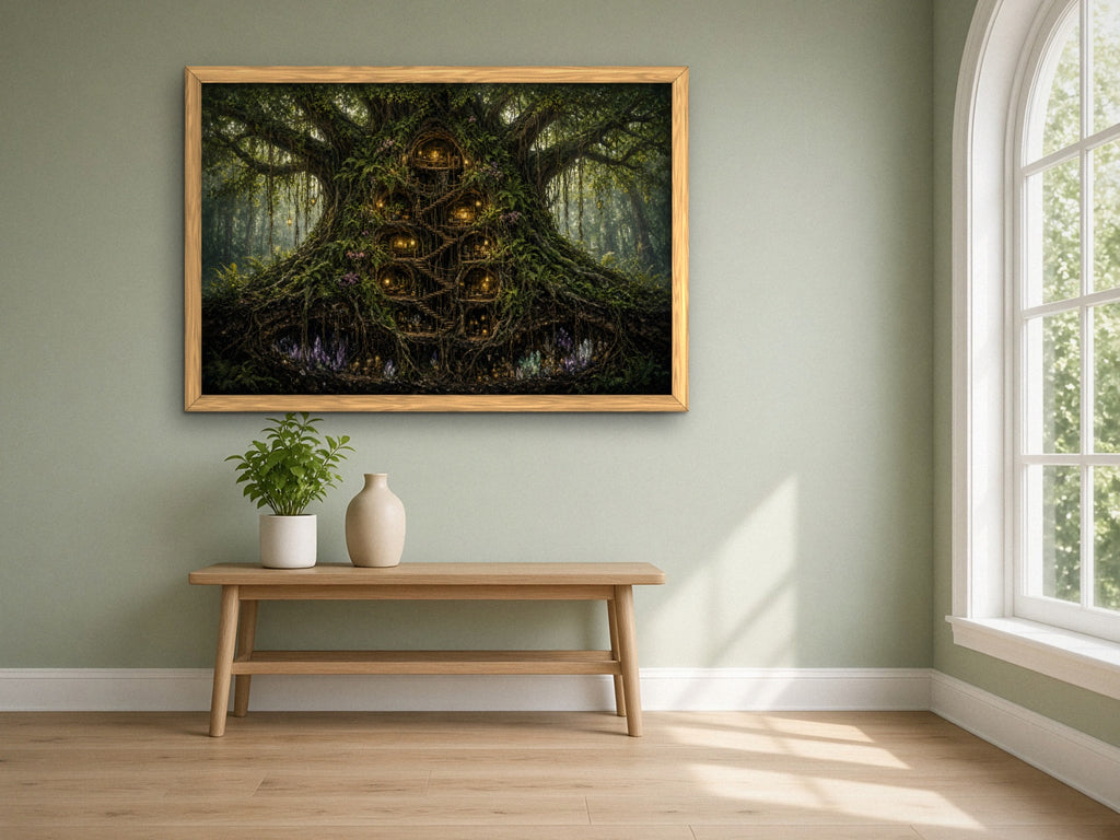 The Tree Where the Lanterns Live 1014 piece puzzle assembled, framed in light wood on a sage green wall above a wooden bench, next to a tall arched window