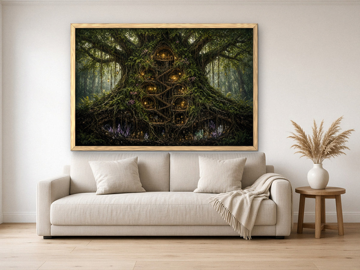 The Tree Where the Lanterns Live 1014 piece puzzle assembled, framed in light wood and hung above a cream sofa, with pampas grass on a side table