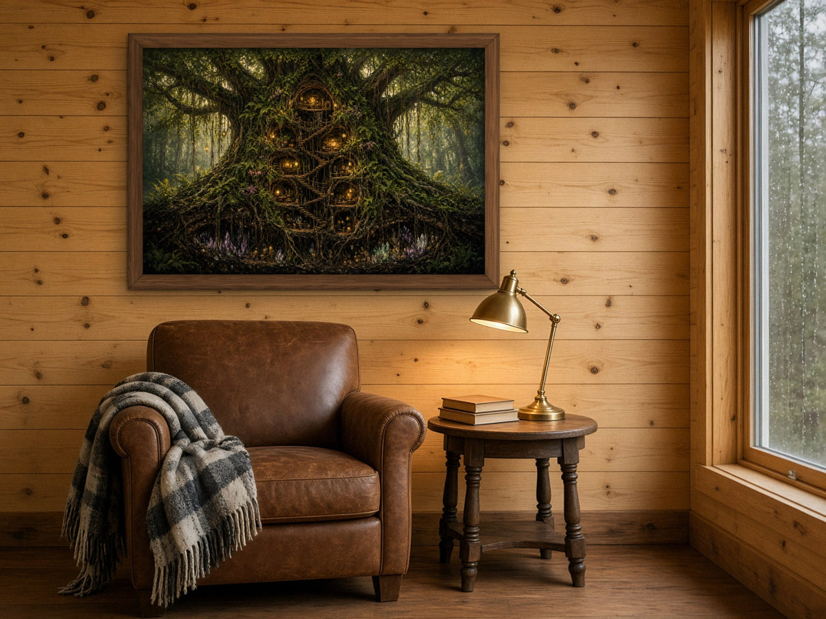 The Tree Where the Lanterns Live 1014 piece puzzle assembled and framed on a knotty pine wall above a leather armchair with a plaid throw and a brass reading lamp