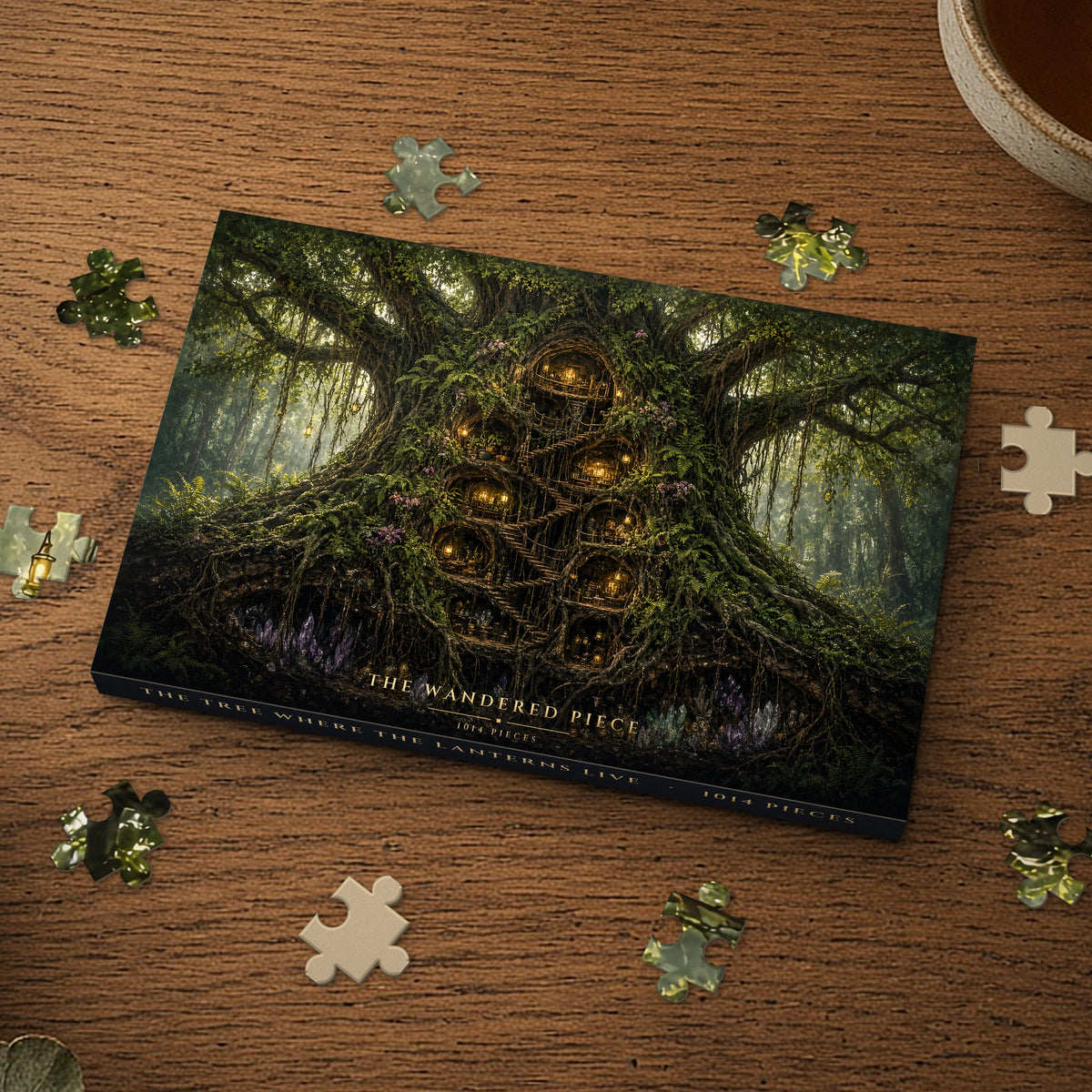 The Tree Where the Lanterns Live 1014 piece puzzle box on a wood table with loose pieces, box design shown for illustration