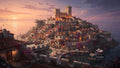 A coastal harbor village at golden dusk with lamplight on cobblestones and boats at anchor — art puzzle by The Wandered Piece