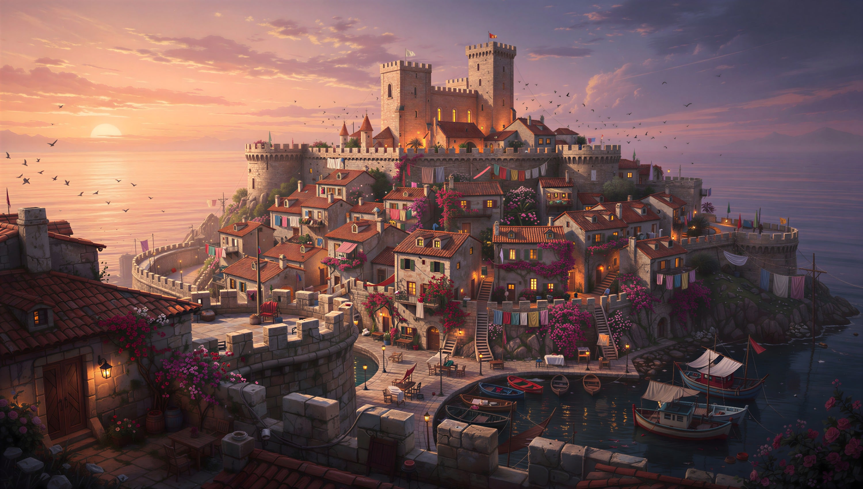 A coastal harbor village at golden dusk with lamplight on cobblestones and boats at anchor — art puzzle by The Wandered Piece