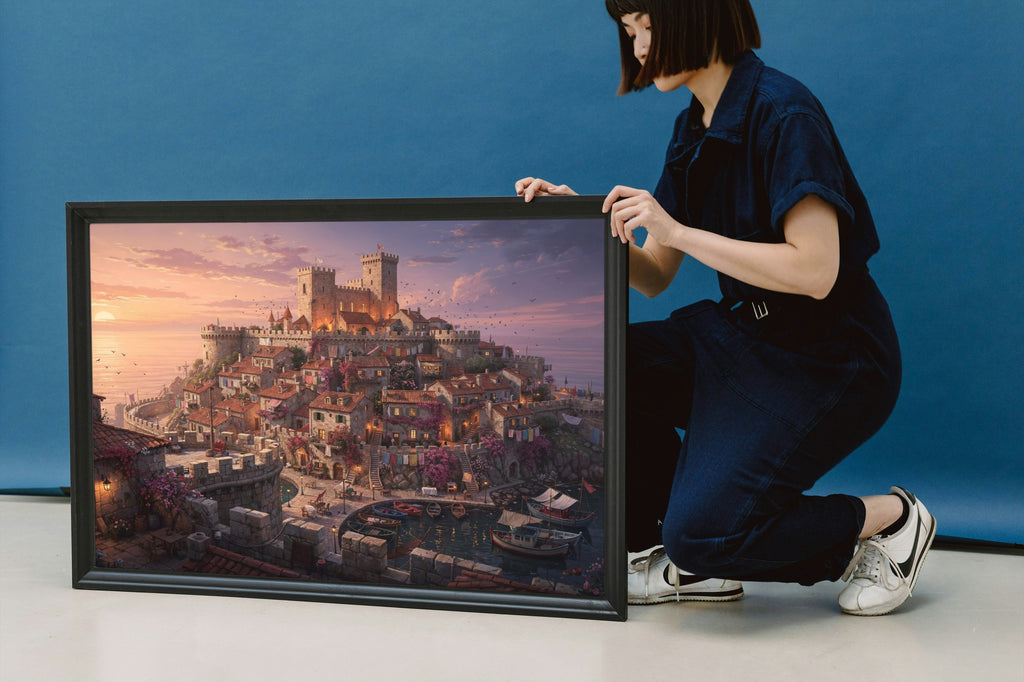 The Village at Dusk 1014 piece puzzle shown framed after completion