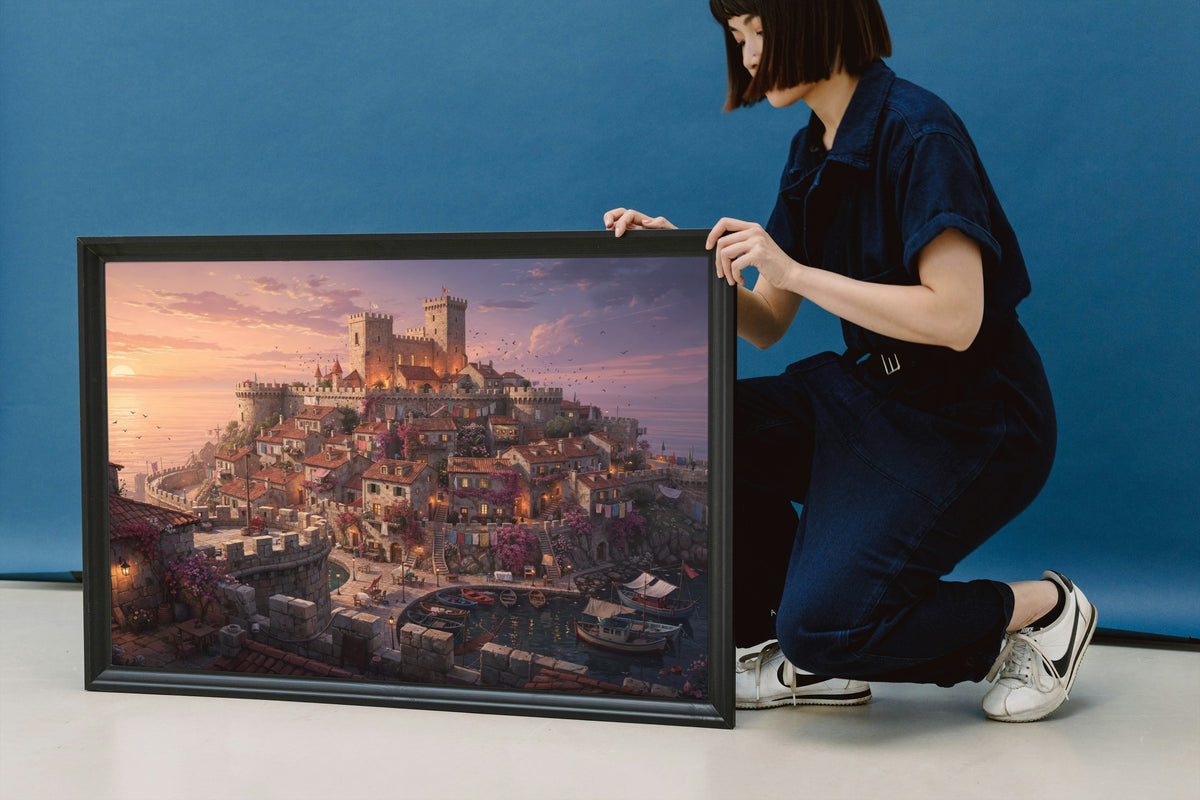 The Village at Dusk 1014 piece puzzle shown framed after completion
