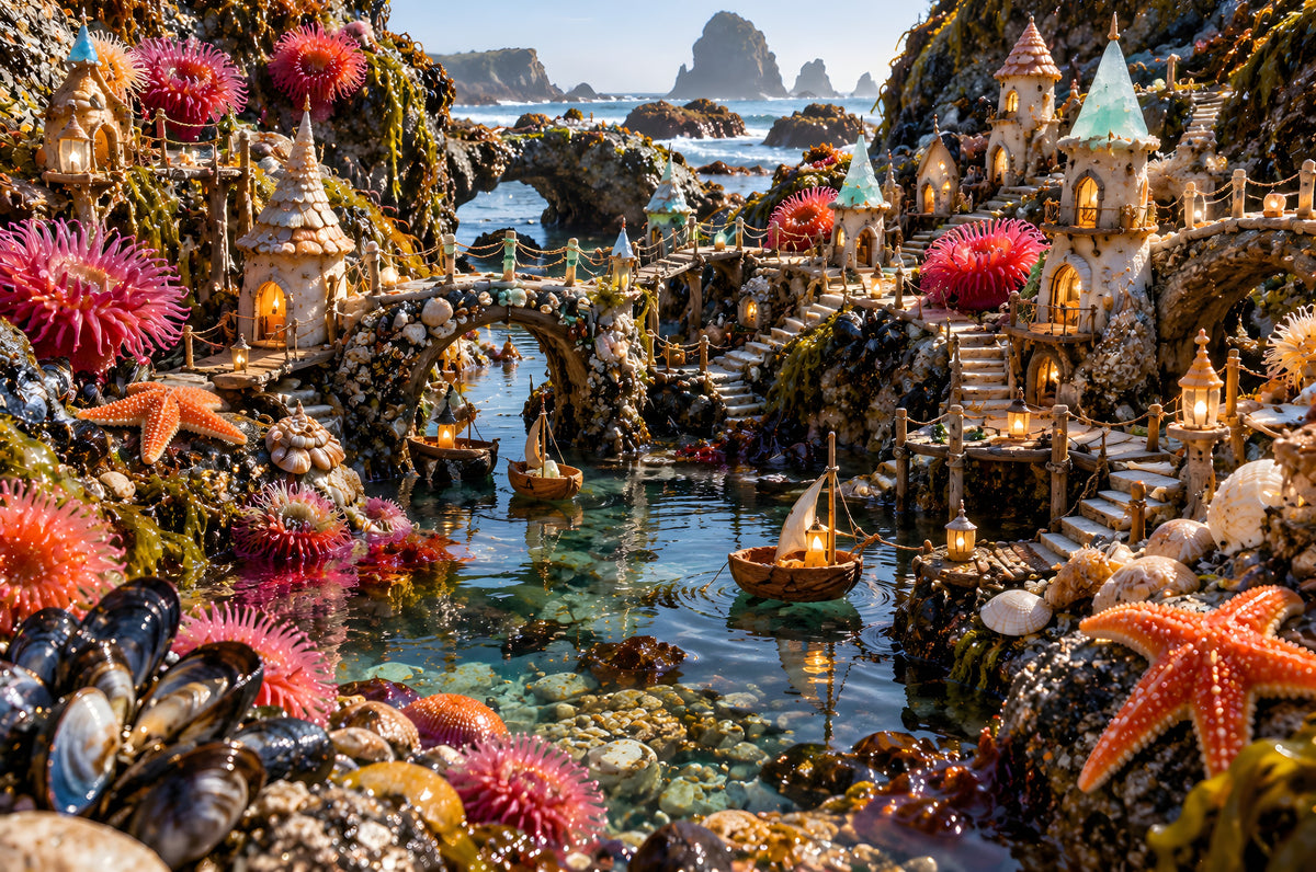 The Village in the Tide Pool art puzzle: a tiny village of shell-roofed houses built in a rocky tide pool, little bridges, lanterns and sailboats on clear water, red anemones, orange starfish and mussels all around