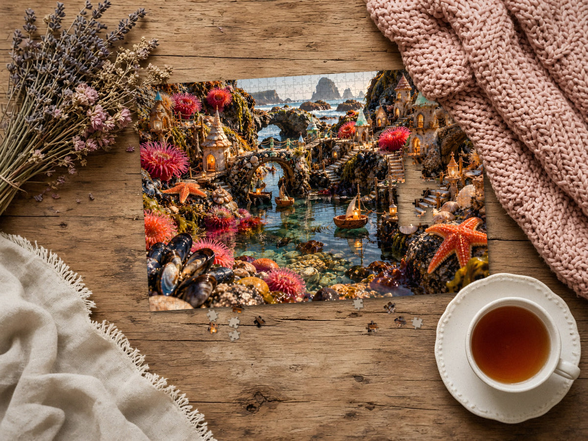 The Village in the Tide Pool 1014 piece puzzle assembled on a rustic wood table with dried lavender, a pink knit blanket, a linen throw and a cup of tea, a few loose pieces nearby