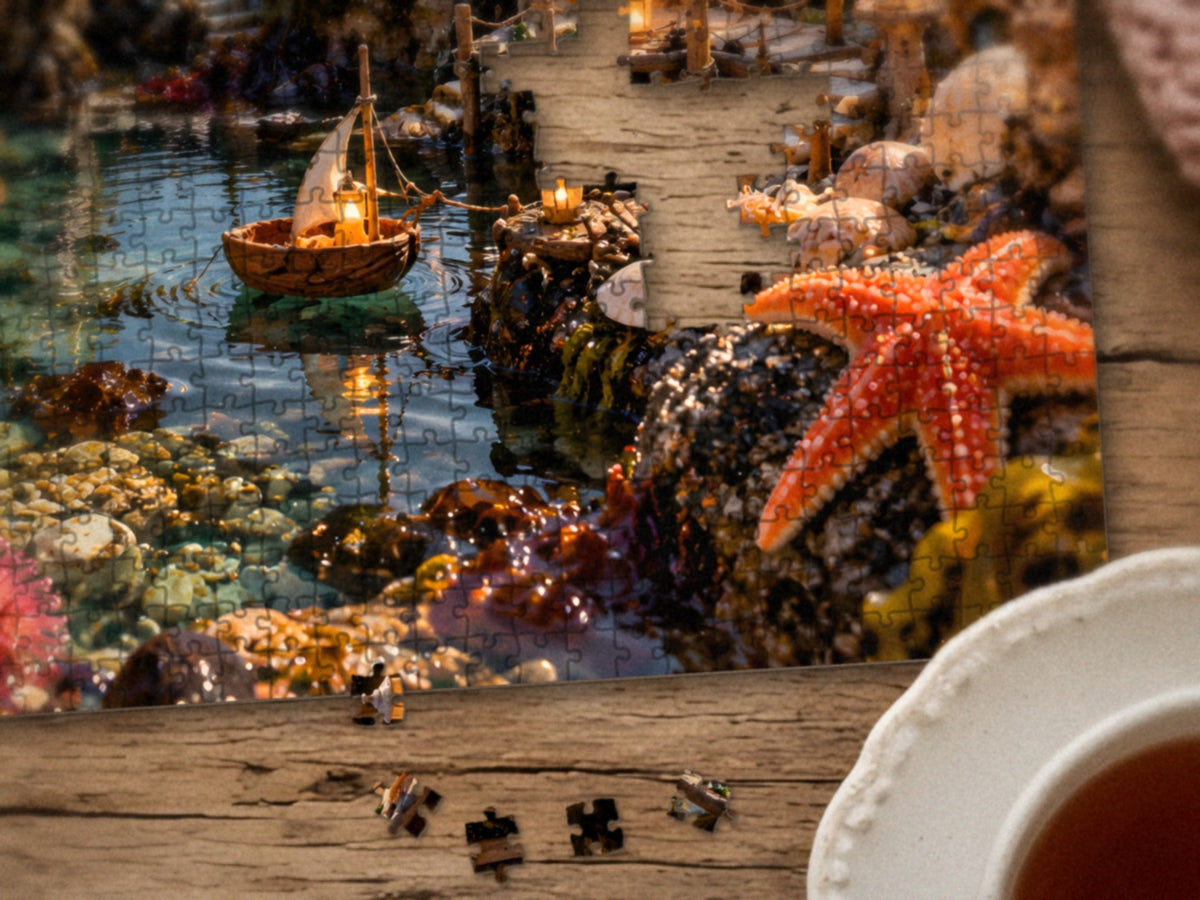 Close-up of the The Village in the Tide Pool puzzle on a wood table showing a sailboat at the dock and an orange starfish on the rocks, a few pieces still missing, next to a teacup