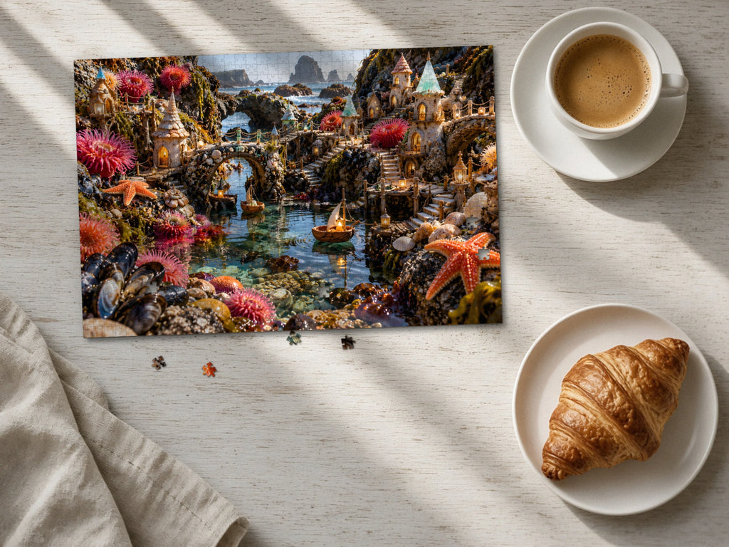 The Village in the Tide Pool 1014 piece puzzle laid flat on a pale wood table in morning sun beside a cappuccino and a croissant
