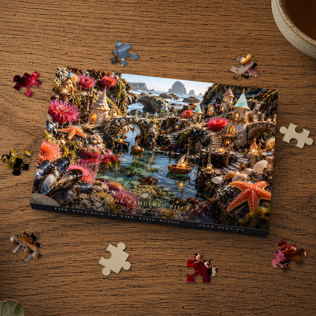 The Village in the Tide Pool 1014 piece puzzle box on a wood table with loose pieces, box design shown for illustration