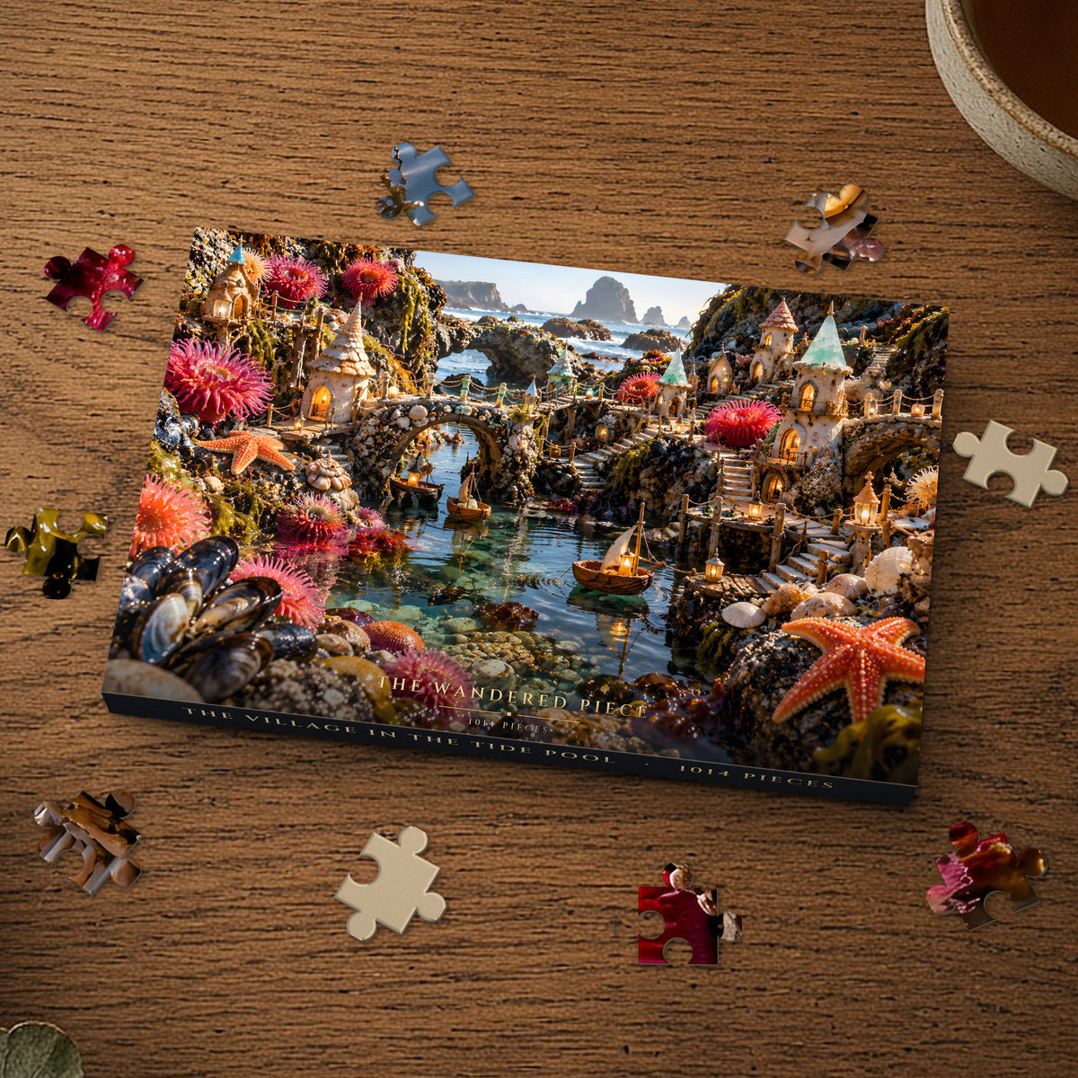 The Village in the Tide Pool 1014 piece puzzle box on a wood table with loose pieces, box design shown for illustration
