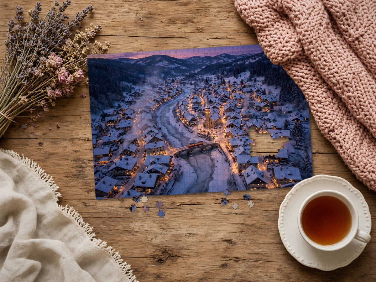 The Village the Snow Tucked In 1014 piece puzzle assembled on a rustic wood table with dried lavender, a pink knit blanket, a linen throw and a cup of tea, a few loose pieces nearby