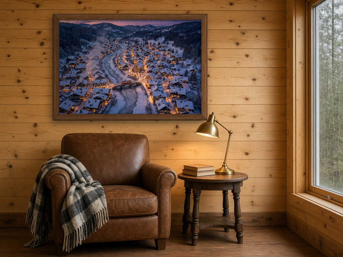 The Village the Snow Tucked In 1014 piece puzzle assembled and framed on a knotty pine wall above a leather armchair with a plaid throw and a brass reading lamp