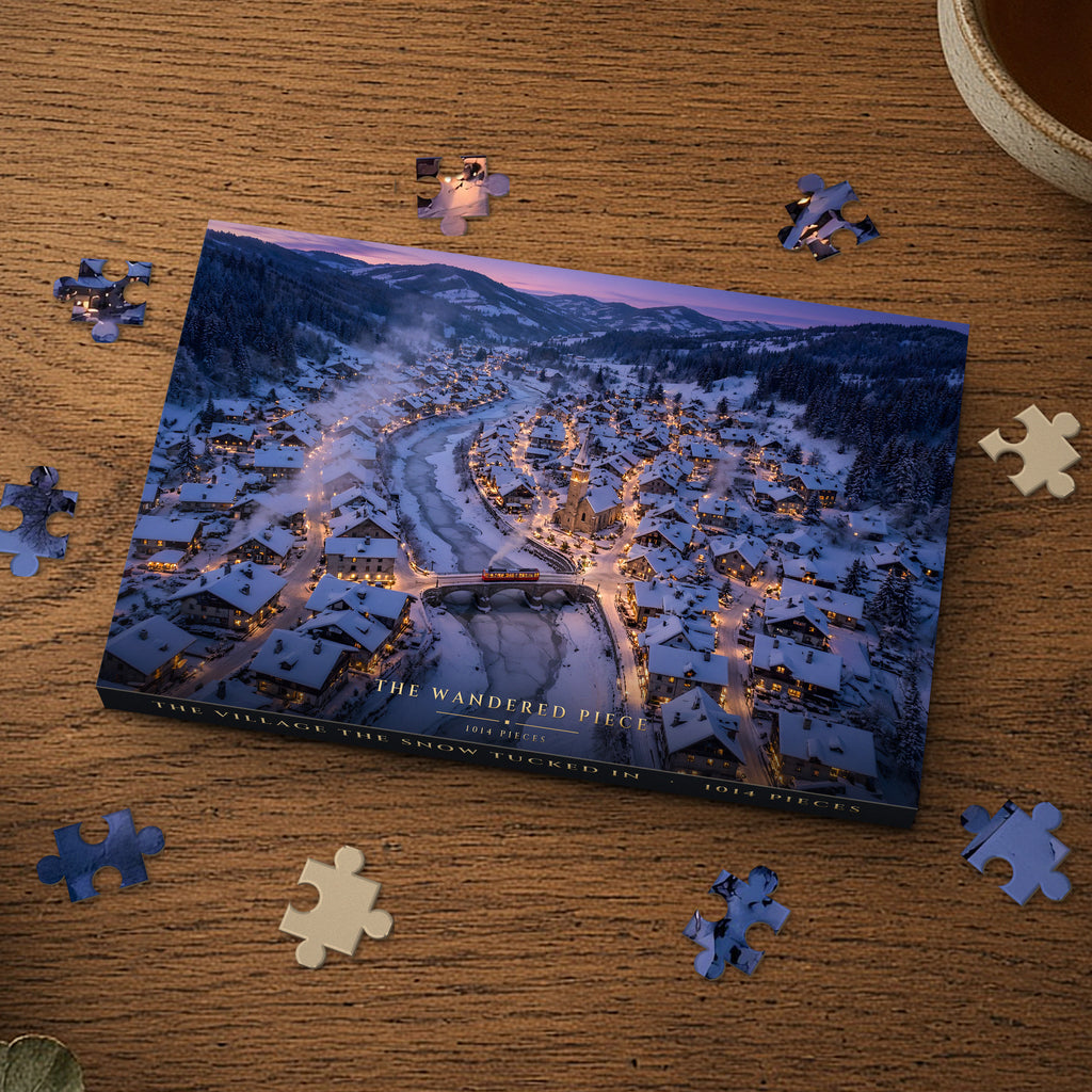 The Village the Snow Tucked In 1014 piece puzzle box on a wood table with loose pieces, box design shown for illustration