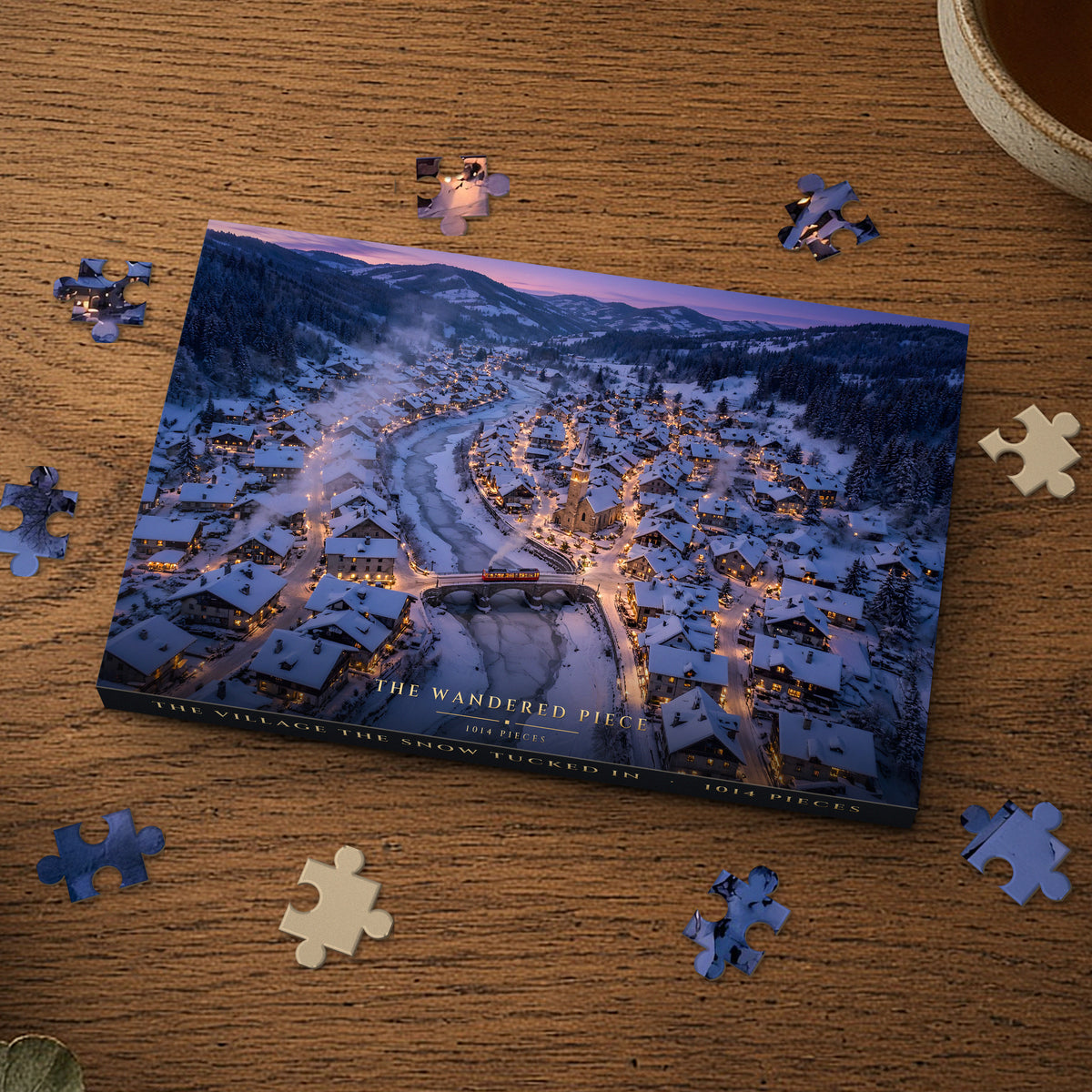 The Village the Snow Tucked In 1014 piece puzzle box on a wood table with loose pieces, box design shown for illustration
