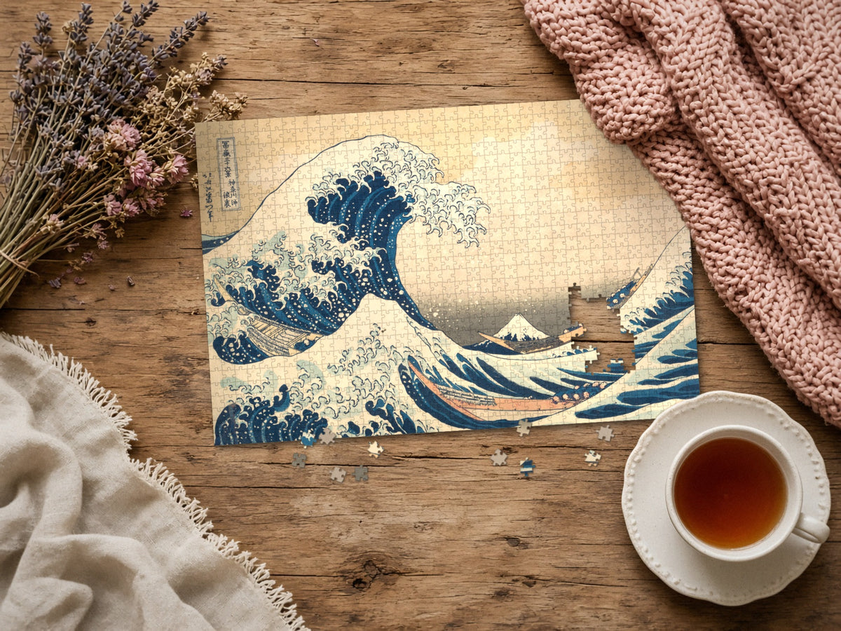 The Wave Before the Mountain 1014 piece puzzle assembled on a rustic wood table with dried lavender, a pink knit blanket, a linen throw and a cup of tea, a few loose pieces nearby
